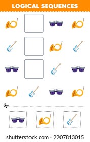 Education game for children logical sequences for kids with cartoon horn bongo bass guitar printable music instrument worksheet