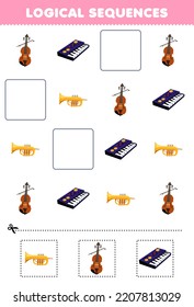 Education game for children logical sequences for kids with cartoon violin keyboard trumpet printable music instrument worksheet