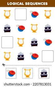 Education game for children logical sequences for kids with cartoon lyre castanet piano printable music instrument worksheet