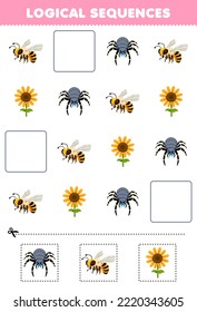 Education game for children logical sequences for kids with cute cartoon spider bee flower printable bug worksheet