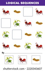Education game for children logical sequences for kids with cute cartoon mantis ant silkworm printable bug worksheet