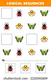 Erziehungsspiel für Kinder, logische Sequenzen für Kinder mit süßem Cartoon Ladybug-Spinnfliegenausdruck