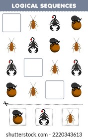 Education game for children logical sequences for kids with cute cartoon beetle scorpion cockroach printable bug worksheet