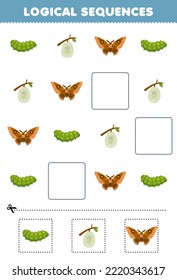Juego de educación para niños secuencias lógicas para niños con lindo dibujo animado oruga cocoon mariposa imprimible hoja de cálculo
