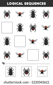 Juego de educación para niños secuencias lógicas para niños con una tierna hoja de cálculo de error de la mosca de escarabajo de dibujos animados
