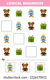 Education game for children logical sequences for kids with cute cartoon teddy bear robot toy gift box printable winter worksheet