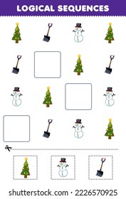 Juego de educación para niños secuencias lógicas para niños con adorables caricaturas navidades árbol pala muñeca de nieve hoja de cálculo imprimible de invierno