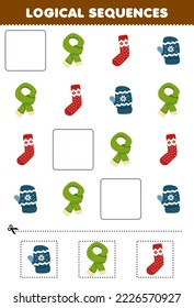 Education game for children logical sequences for kids with cute cartoon scarf mitten sock printable winter worksheet