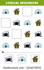 Education game for children logical sequences for kids with cute cartoon igloo snowy house den printable winter worksheet