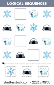 Education game for children logical sequences for kids with cute cartoon snowflake bear den printable winter worksheet