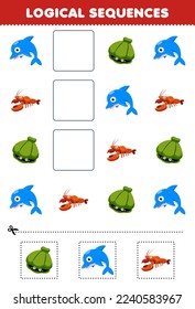 Education game for children logical sequences for kids with cute cartoon shell dolphin lobster printable underwater worksheet