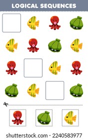 Education game for children logical sequences for kids with cute cartoon octopus shell fish printable underwater worksheet