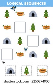 Education game for children logical sequences for kids with cute cartoon cave tree bird nest printable nature worksheet