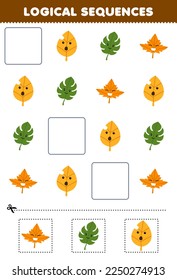 Education game for children logical sequences for kids with cute cartoon leaf printable nature worksheet