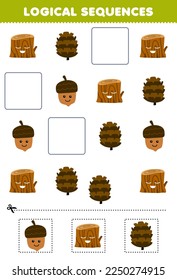 Education game for children logical sequences for kids with cute cartoon pinecone acorn wood log printable nature worksheet