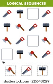 Erziehungsspiel für Kinder logische Sequenzen für Kinder mit süßem Cartoon Sägeax-Hammer druckbaren Arbeitsblatt