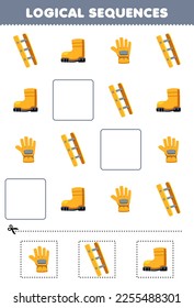 Education game for children logical sequences for kids with cute cartoon ladder glove boot printable tool worksheet