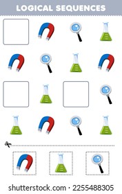 Education game for children logical sequences for kids with cute cartoon magnet beaker magnifier printable tool worksheet