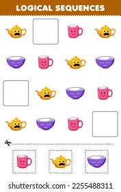 Education game for children logical sequences for kids with cute cartoon teapot mug bowl printable tool worksheet