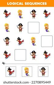 Education game for children logical sequences for kids with cute cartoon parrot mermaid and pirate captain printable pirate worksheet