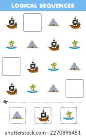Juego de educación para niños secuencias lógicas para niños con adorables barcos de las cavernas de dibujos animados y hoja de cálculo pirata de la isla imprimible