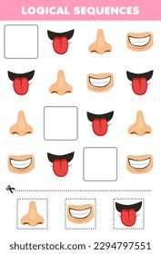 Juego de educación para niños secuencias lógicas para niños con dientes de nariz de dibujos animados lindos hoja de cálculo de anatomía imprimible de lengua