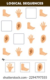 Juego de educación para niños secuencias lógicas para niños con una linda hoja de cálculo de anatomía de pies de mano de dibujos animados imprimible