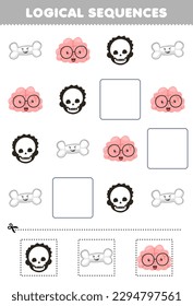 Education game for children logical sequences for kids with cute cartoon skull bone brain printable anatomy worksheet