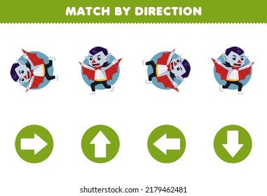 Education game for children match by direction left right up or down orientation of cute cartoon dracula boy character halloween printable worksheet