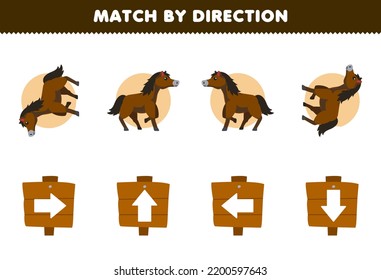 Education game for children match by direction left right up or down orientation of cute cartoon horse printable farm worksheet