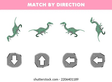 Education game for children match by direction left right up or down orientation of cute cartoon velociraptor printable prehistoric dinosaur worksheet