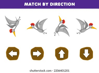 Education game for children match by direction left right up or down orientation of cute cartoon hatzegopteryx printable prehistoric dinosaur worksheet
