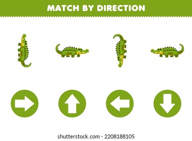 Education game for children match by direction left right up or down orientation of cute cartoon crocodile printable animal worksheet