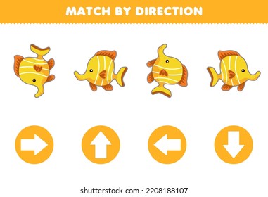 Education game for children match by direction left right up or down orientation of cute cartoon fish printable animal worksheet