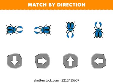 Education Game For Children Match By Direction Left Right Up Or Down Orientation Of Cute Cartoon Stag Beetle Printable Bug Worksheet