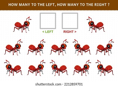 Education game for children match by direction left right up or down orientation of cute cartoon ant printable bug worksheet