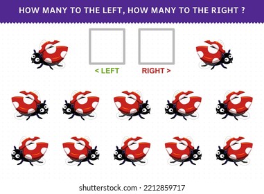 Education game for children match by direction left right up or down orientation of cute cartoon ladybug printable bug worksheet