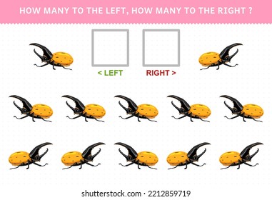 Education game for children match by direction left right up or down orientation of cute cartoon beetle printable bug worksheet