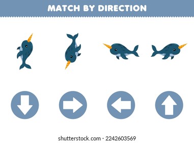 Education game for children match by direction left right up or down orientation of cute cartoon narwhal printable underwater worksheet