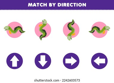 Education game for children match by direction left right up or down orientation of cute cartoon eel printable underwater worksheet