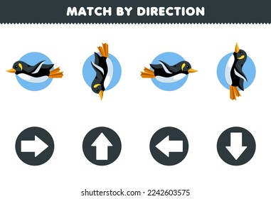 Education game for children match by direction left right up or down orientation of cute cartoon penguin printable underwater worksheet