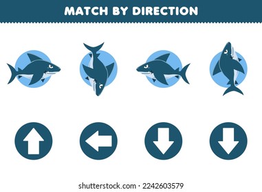 Education game for children match by direction left right up or down orientation of cute cartoon shark printable underwater worksheet