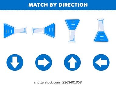 Education game for children match by direction left right up or down orientation of cute cartoon beaker printable tool worksheet