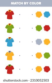 Education game for children match by color of cute cartoon polo shirt printable wearable clothes worksheet