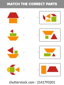 Education game for children match the correct parts geometric shapes 1 square triangle trapezoid parallelogram rectangle printable worksheet