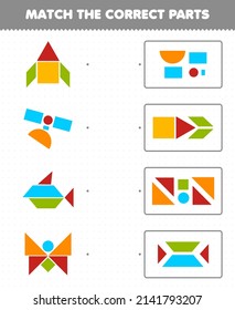 Education game for children match the correct parts geometric shapes 7 circle square triangle trapezoid parallelogram rectangle printable worksheet