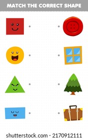 Education game for children match the correct shape of geometric object square window circle button triangle tree rectangle suitcase printable worksheet