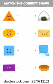 Education game for children match the correct shape of geometric object triangle onigiri oval bread square ice block rectangle envelope printable worksheet