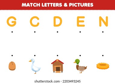 Education Game For Children Match Letters And Pictures Of Cute Cartoon Egg Goose Coop Duck Nest Printable Farm Worksheet