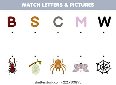 Education game for children match letters and pictures of cute cartoon beetle cocoon spider moth web printable bug worksheet